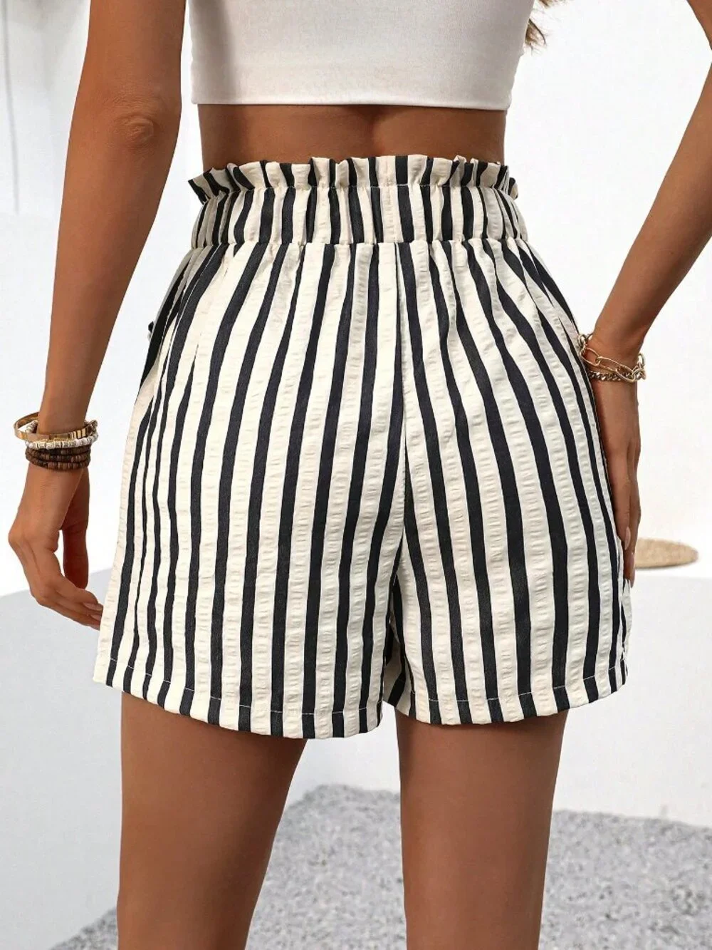 Multicolor Casual Women's Vacation Colorblock Striped Paper Bag Waist Shorts